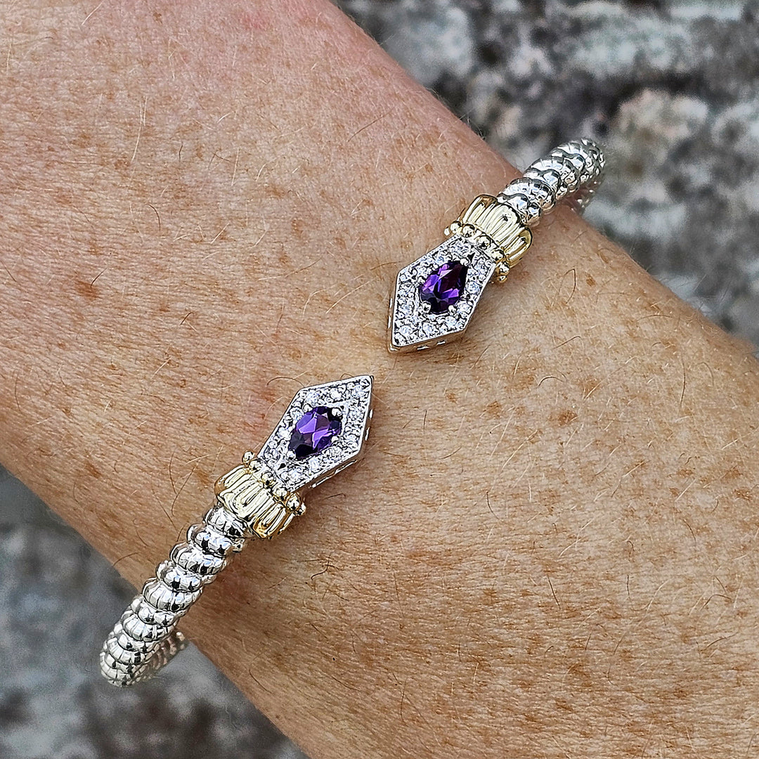 Vahan Two Tone Open Amethyst and Diamond Cuff Bracelet .16ctw