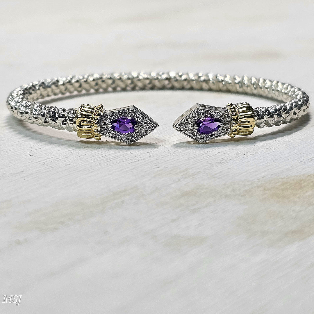 Vahan Two Tone Open Amethyst and Diamond Cuff Bracelet .16ctw