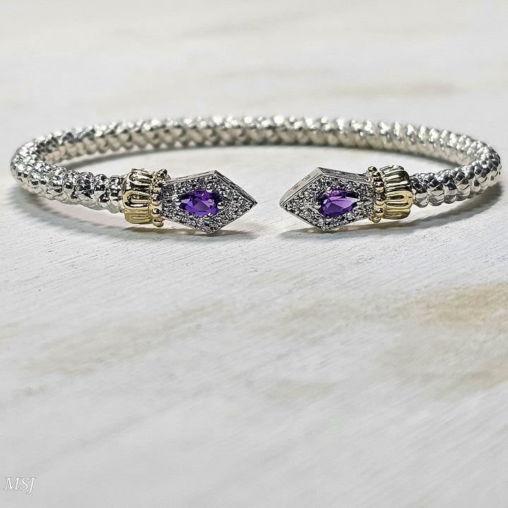 Vahan Two Tone Open Amethyst and Diamond Cuff Bracelet .16ctw