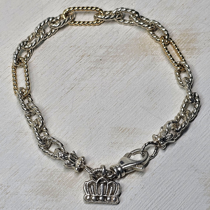 Vahan Two Tone Link Bracelet with Signature Crown Dangle 7.5 inches