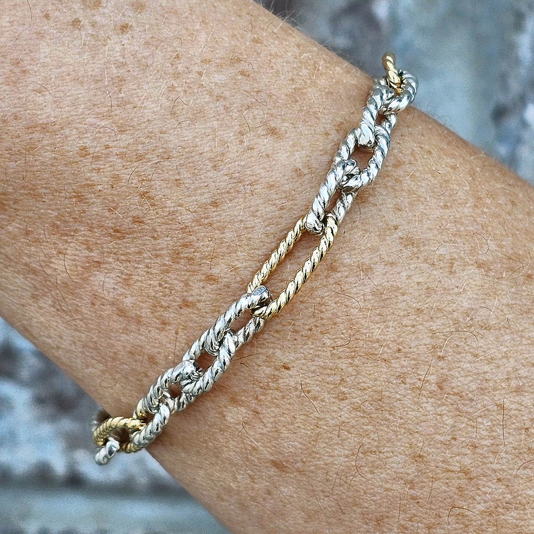 Vahan Two Tone Link Bracelet with Signature Crown Dangle 7.5 inches