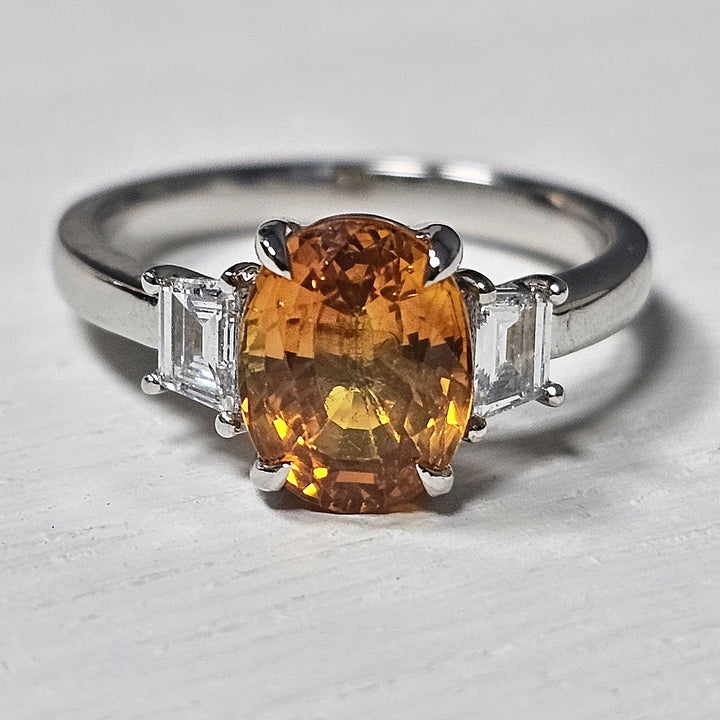 Platinum 2.92 ct Orange Sapphire and .38ct Diamond Ring