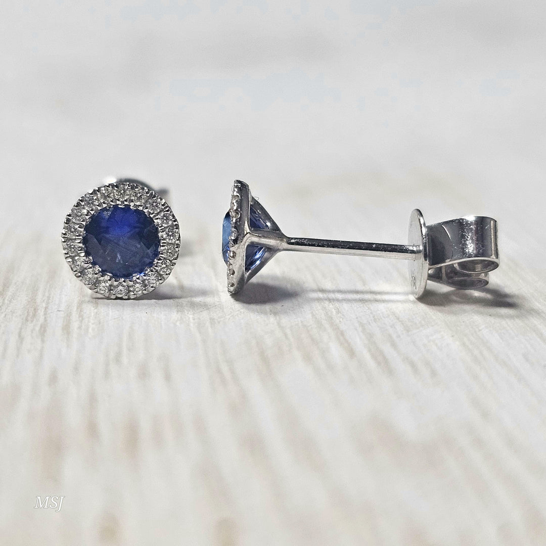 14k White Gold .75 ct Sapphire and .08 ct Diamond Earrings