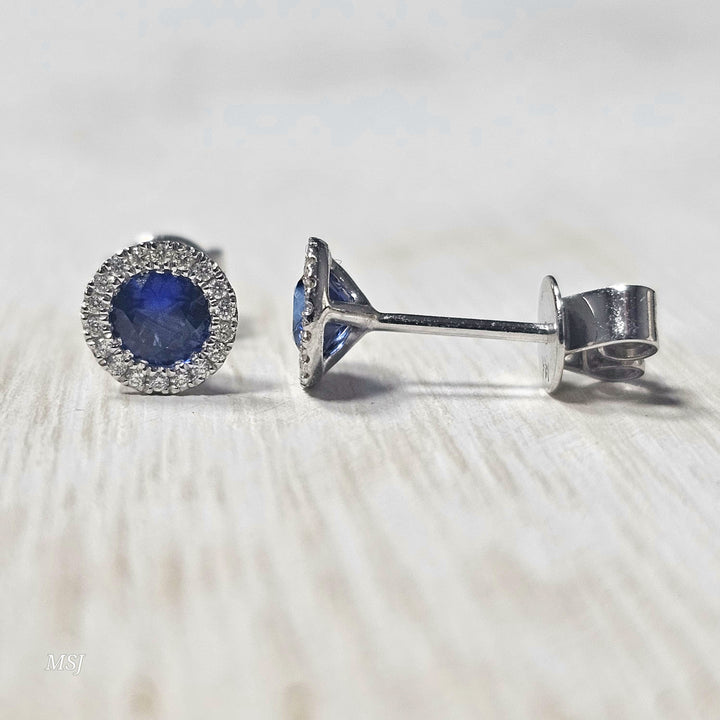 14k White Gold .75 ct Sapphire and .08 ct Diamond Earrings