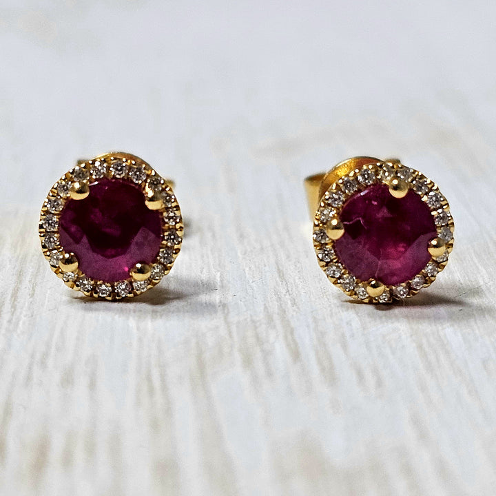 18k Yellow Gold 1.27 ct Ruby and .09 ct Diamond Earrings
