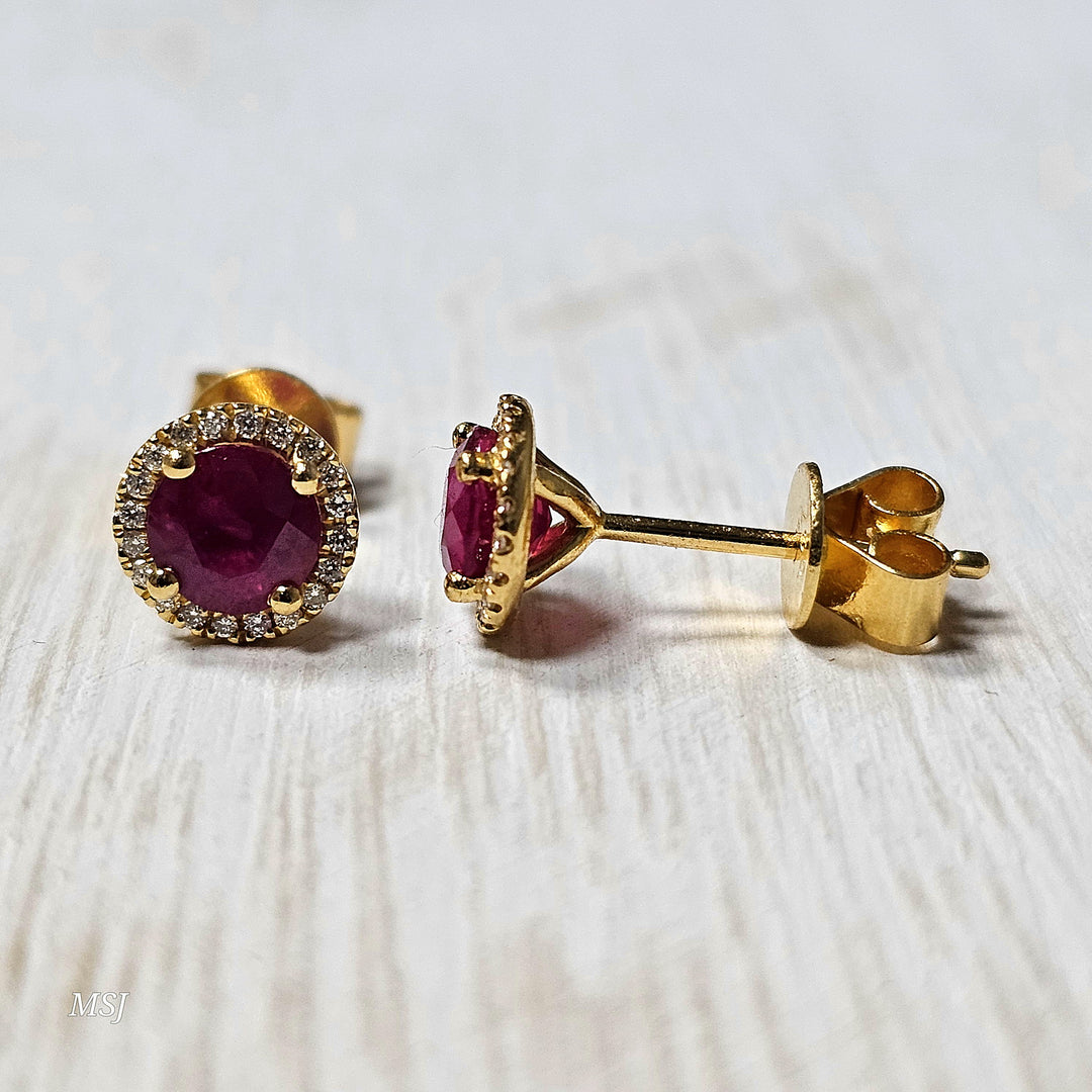 18k Yellow Gold 1.27 ct Ruby and .09 ct Diamond Earrings