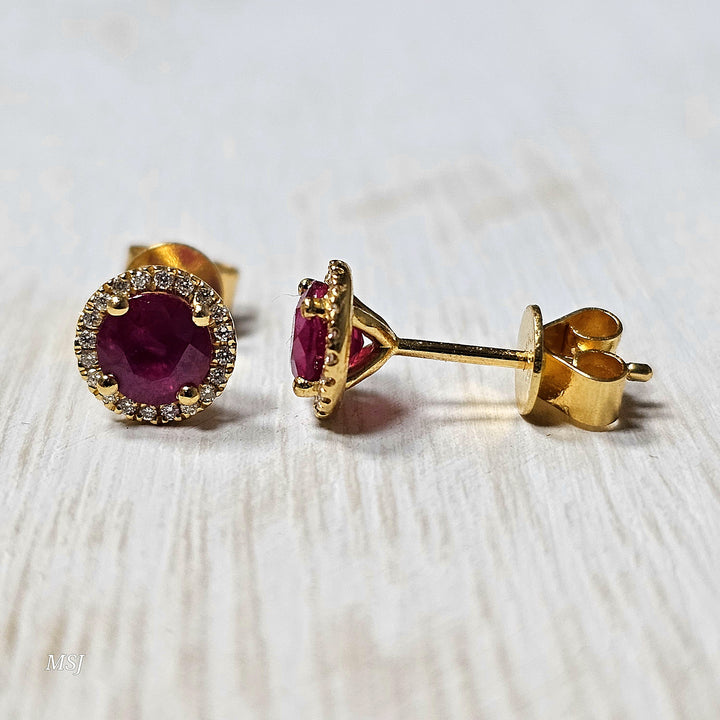 18k Yellow Gold 1.27 ct Ruby and .09 ct Diamond Earrings