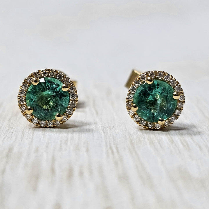 18k Yellow Gold 1.91 ct Emerald and .08 Diamond Earrings
