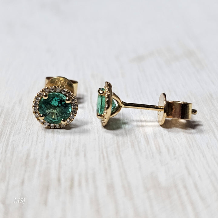 18k Yellow Gold 1.91 ct Emerald and .08 Diamond Earrings