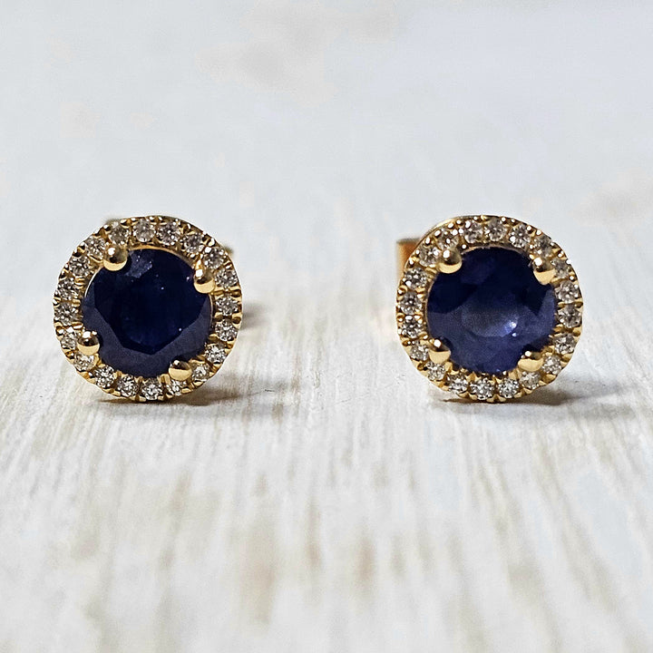 14k Yellow Gold 1.08 ct Sapphires and .09 ct Diamond Earrings