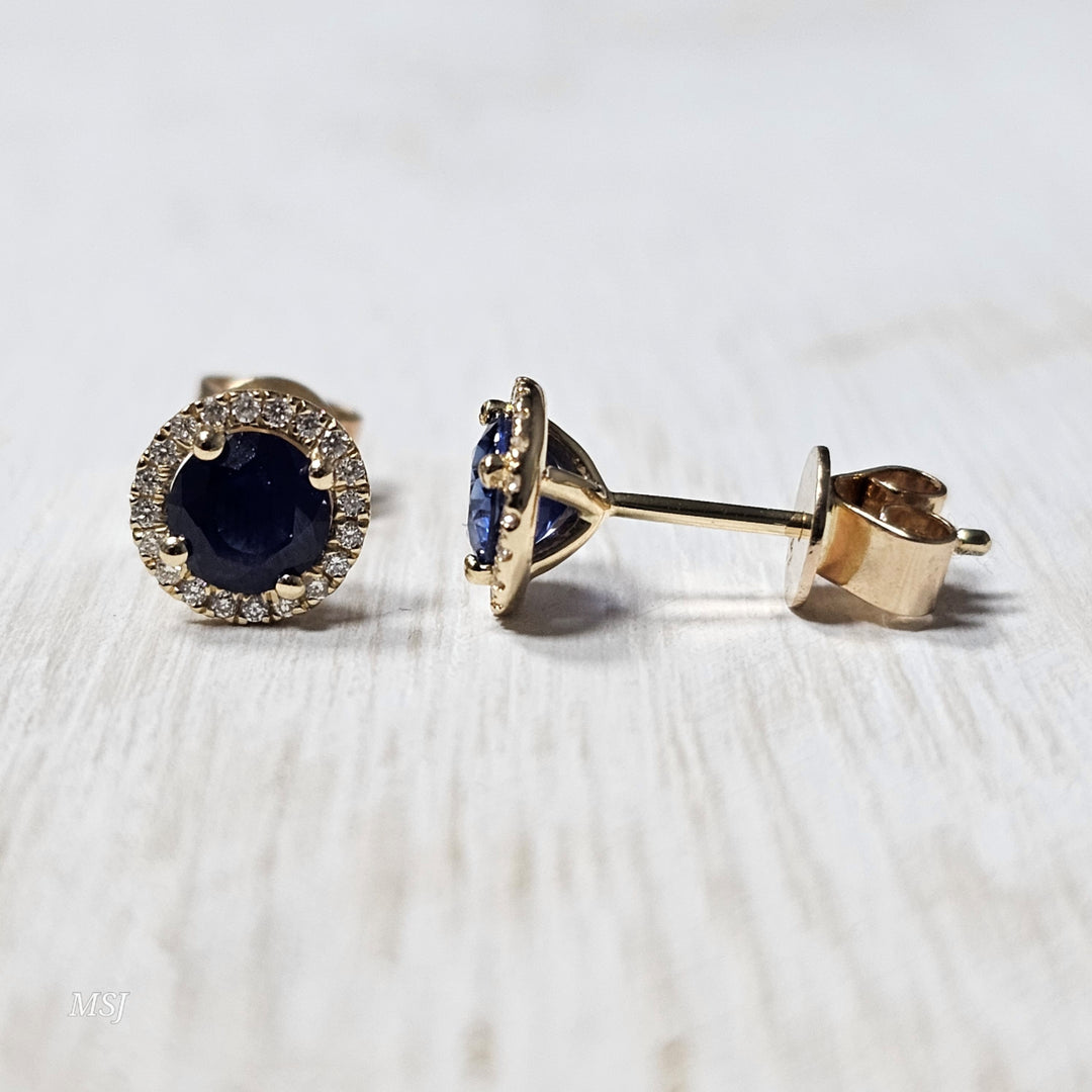 14k Yellow Gold 1.08 ct Sapphires and .09 ct Diamond Earrings