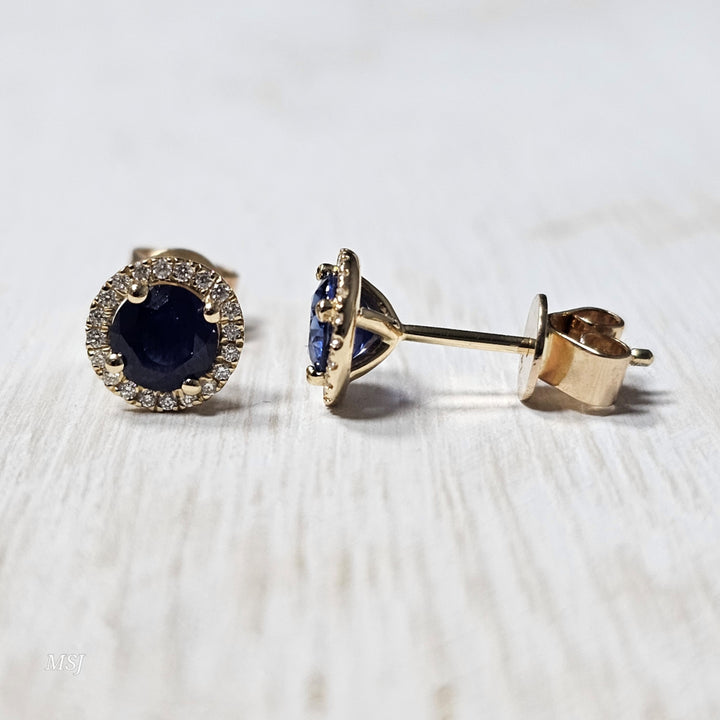 14k Yellow Gold 1.08 ct Sapphires and .09 ct Diamond Earrings