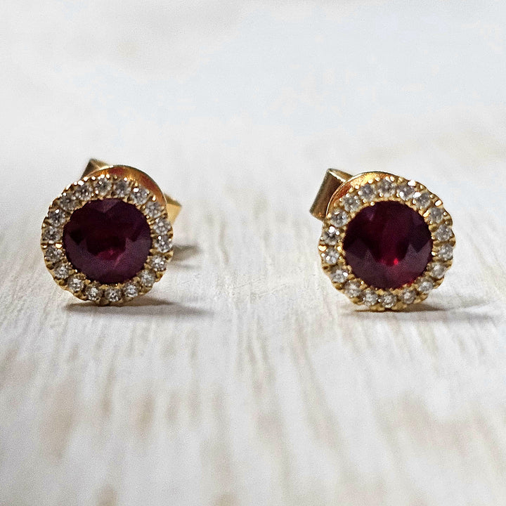 14k Yellow Gold .75 ct Ruby and .08 ct Diamond Earrings