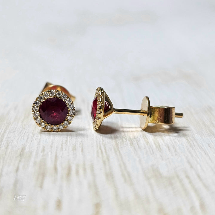 14k Yellow Gold .75 ct Ruby and .08 ct Diamond Earrings