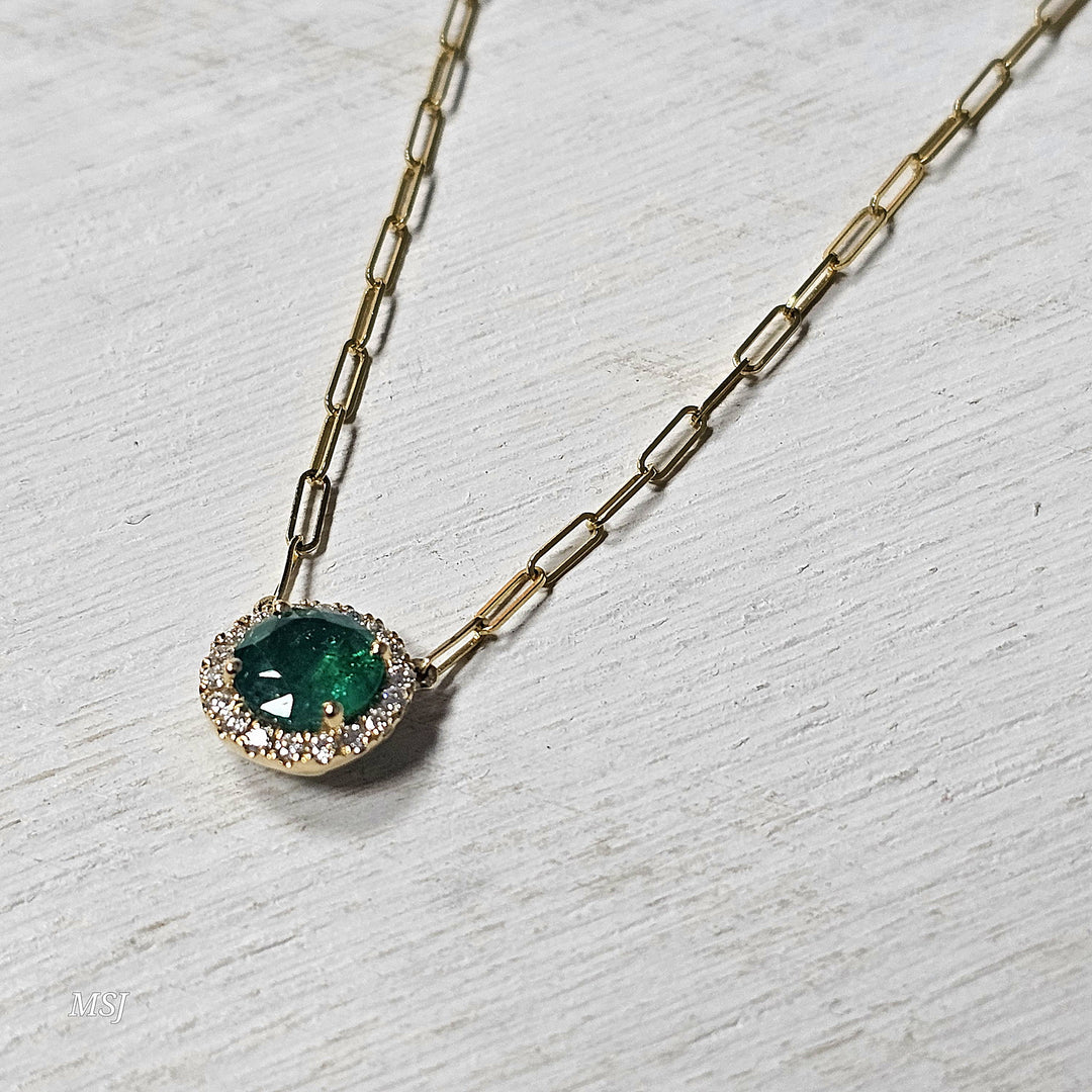 14k Yellow Gold 1.12ctw Emerald DIamond Halo Solitaire