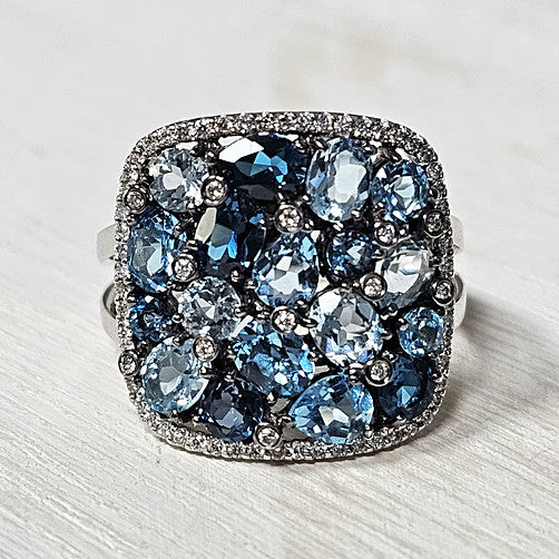 14k White Gold 3.97 Ctw Blue Topaz and 0.27 Ctw Diamond Cluster Ring