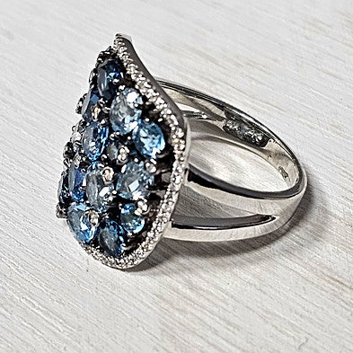 14k White Gold 3.97 Ctw Blue Topaz and 0.27 Ctw Diamond Cluster Ring