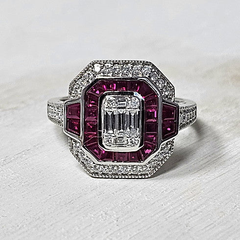 14k White Gold 1.02 Ctw Ruby and 0.40 Ctw Diamond Art Deco Ring
