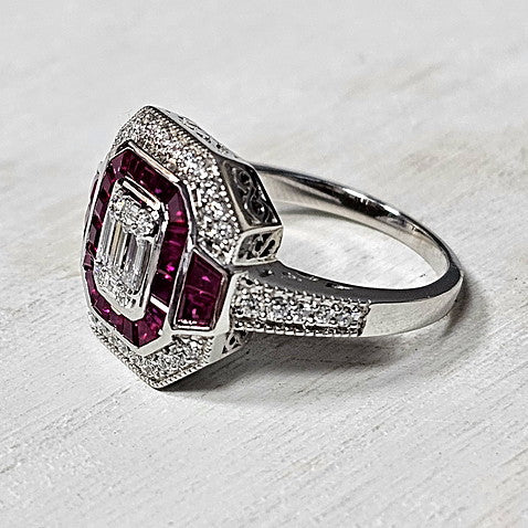 14k White Gold 1.02 Ctw Ruby and 0.40 Ctw Diamond Art Deco Ring