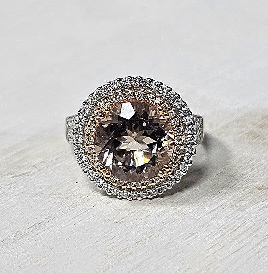 14k White Gold and Roose Gold 0.56 Ctw Diamond Double Halo and 3.94 Ct Morganite Ring