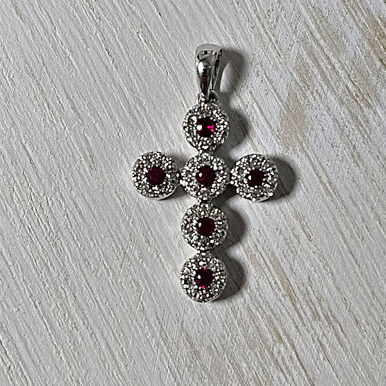 14k White Gold 0.23 Ctw Ruby and 0.28 Ctw Diamond Cross Pendant