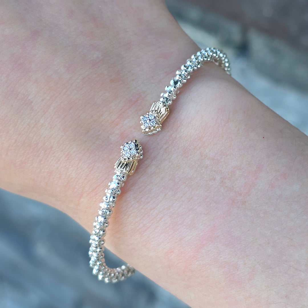 Vahan 14k Yellow Gold and Sterling Silver 0.06 Ctw Diamond 2mm Bangle