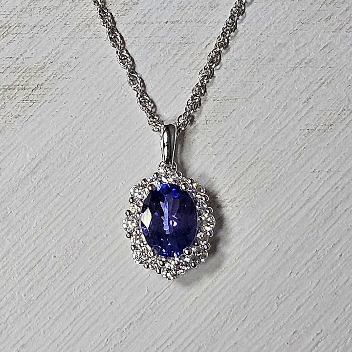 14k White Gold 1.32ctw Tanzanite and Diamond Halo Pendant