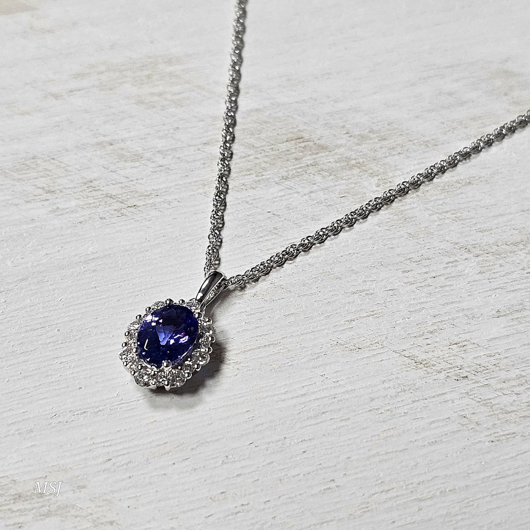 14k White Gold 1.32ctw Tanzanite and Diamond Halo Pendant