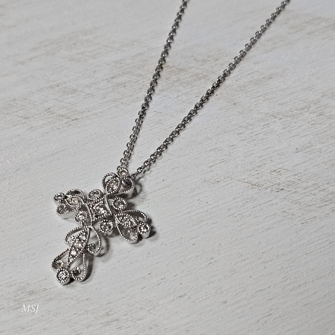 14k White Gold .25ctw Vintage Inspired Diamond Cross