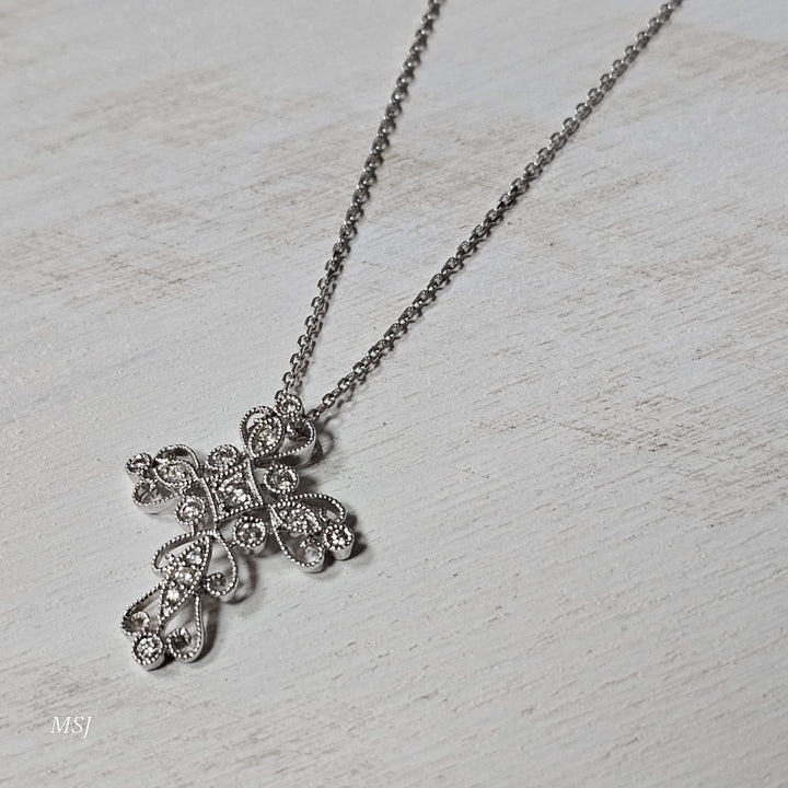 14k White Gold .25ctw Vintage Inspired Diamond Cross
