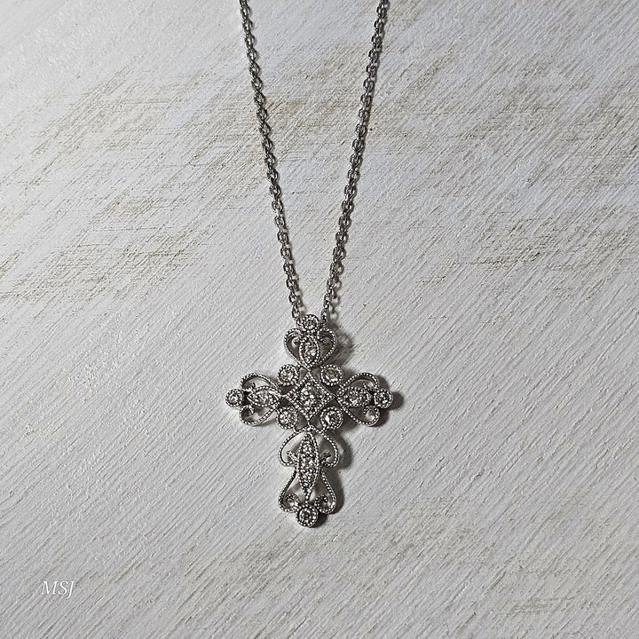 14k White Gold .25ctw Vintage Inspired Diamond Cross