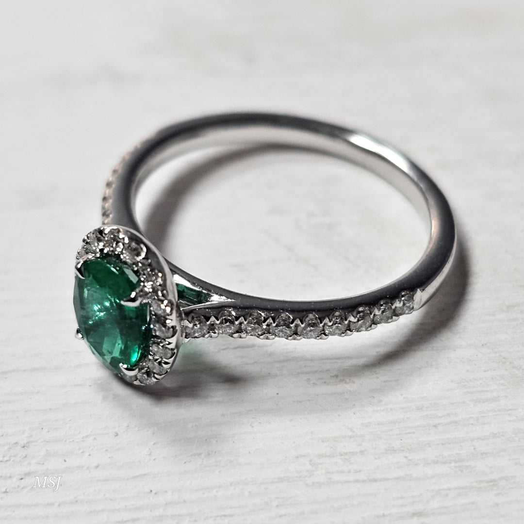 18k White Gold 1.12ctw Emerald and Diamond Halo Ring