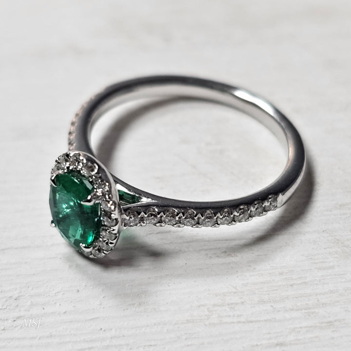 18k White Gold 1.12ctw Emerald and Diamond Halo Ring